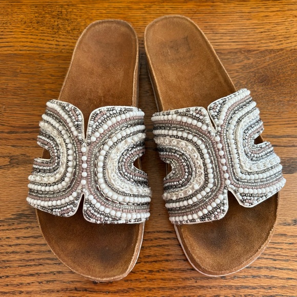 Haute Hippie—Beaded Leather Cork Sandals (White/Gray, Size 8.5) - Picture 1 of 10
